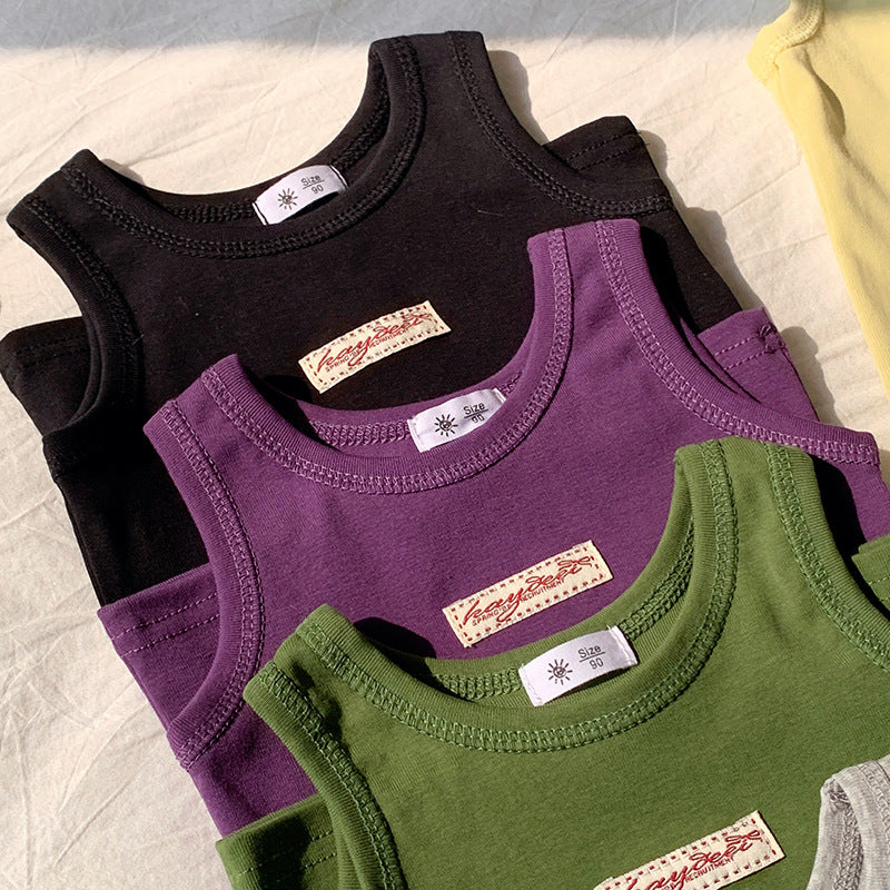 【90-150】ワンポイントワッペンノースリーブトップス