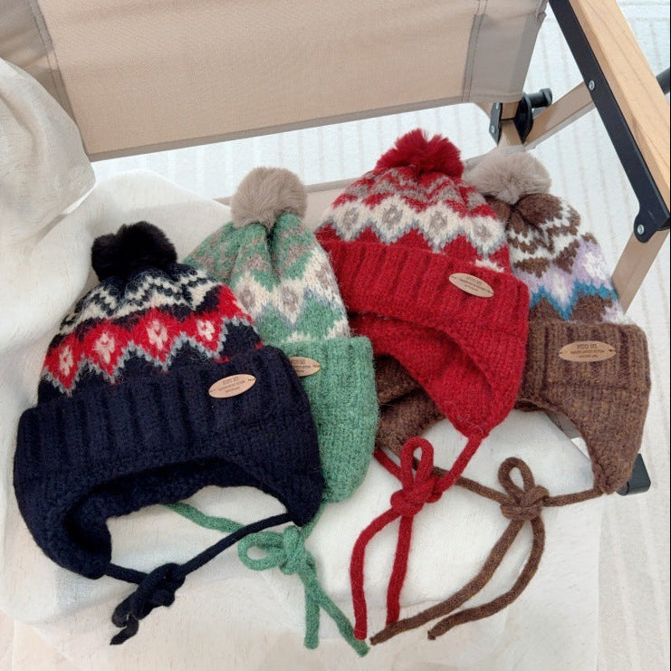 【48-52cm】ポンポン付きフェアアイル柄ニット帽