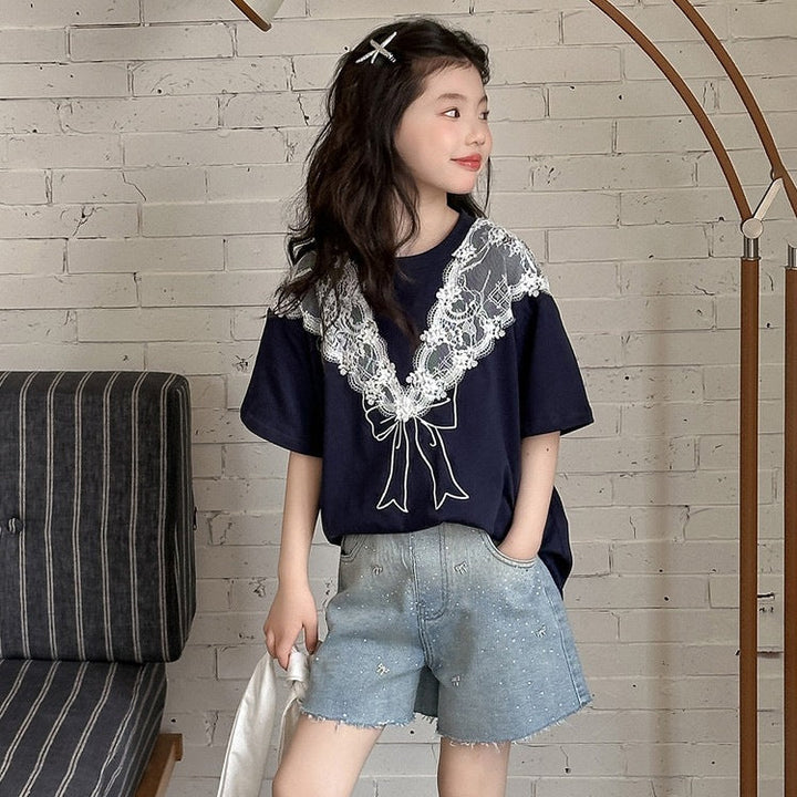 【120-150】レース＆リボンデザインTシャツ