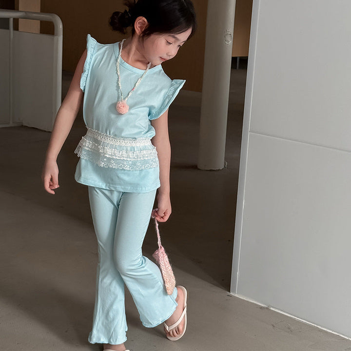 【90-140】ショルダーフリルノースリーブ×フレアパンツセット