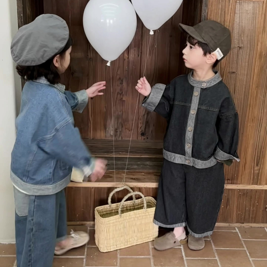 【80-140】スタンドカラー前開きデニムセットアップ