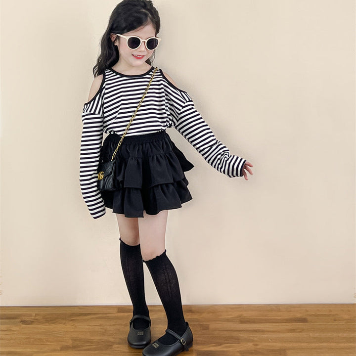 【90-140】ボーダー肩開きトップス