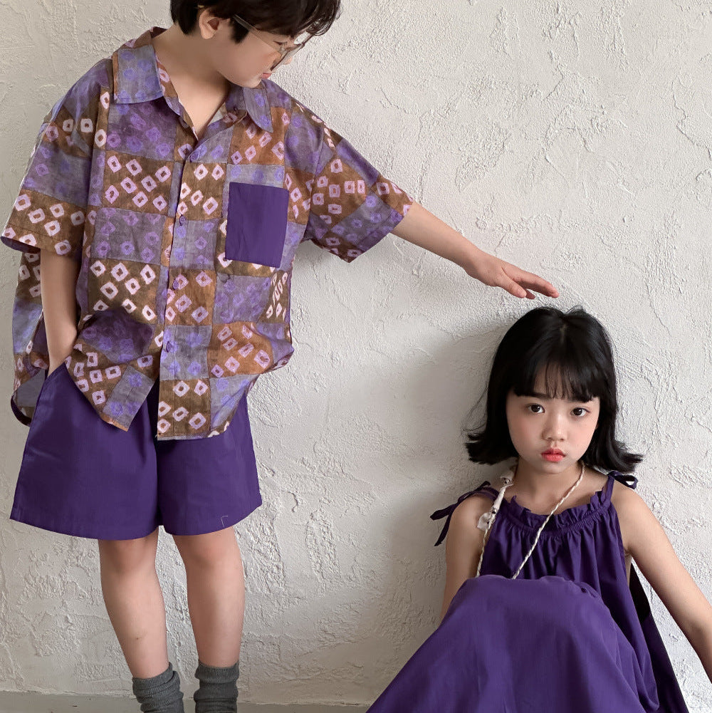 【90-150】柄シャツ×ハーフパンツセット