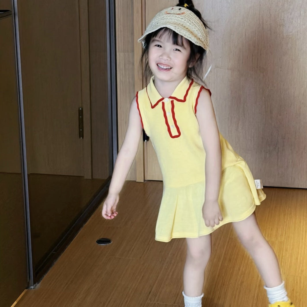 【90-140】バイカラーノースリーブポロワンピース