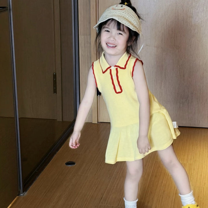 【90-140】バイカラーノースリーブポロワンピース