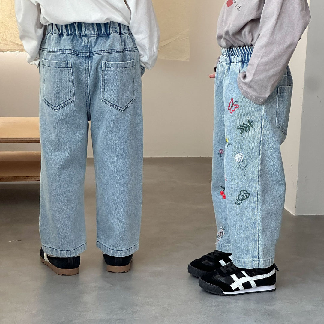 【80-150】刺繍デザインストレートデニムパンツ
