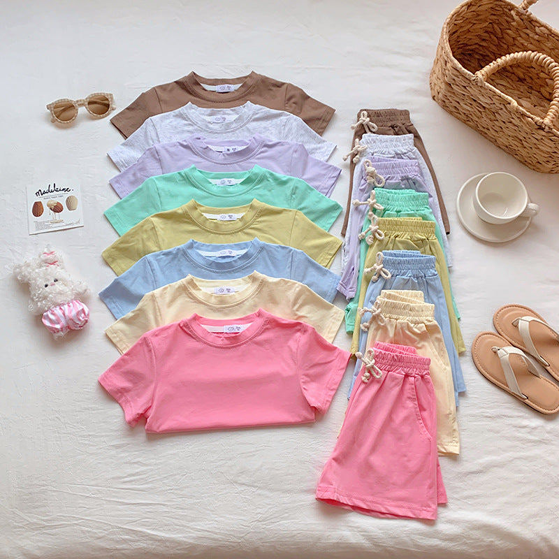 【90-150】シンプルカラーTシャツ×ハーフパンツセット