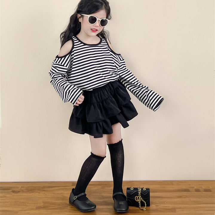 【90-140】ボーダー肩開きトップス