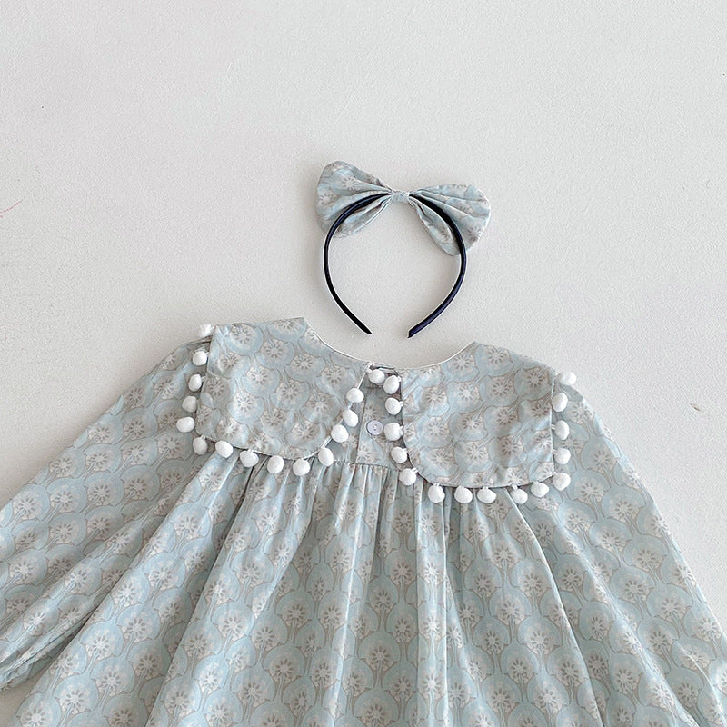 【90-140】ミニポンポンデザイン長袖ワンピース