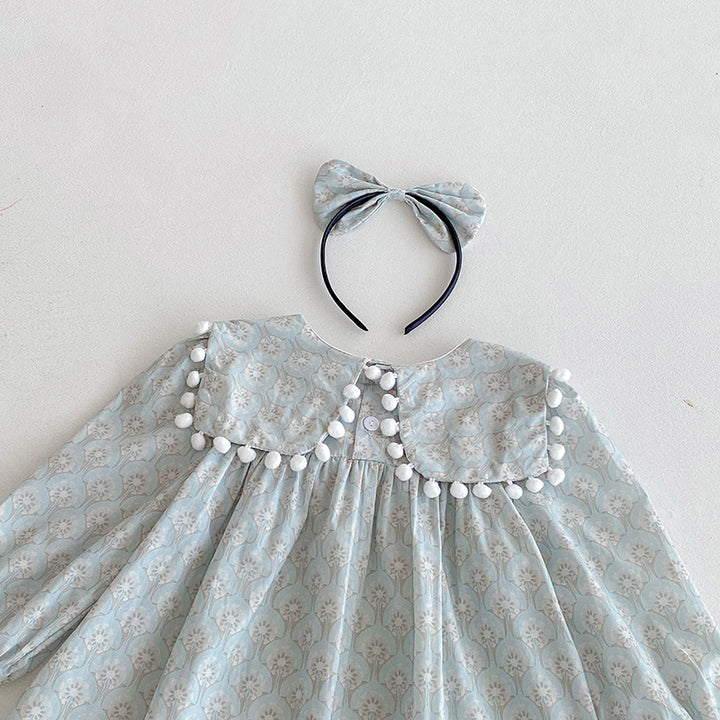 【90-140】ミニポンポンデザイン長袖ワンピース