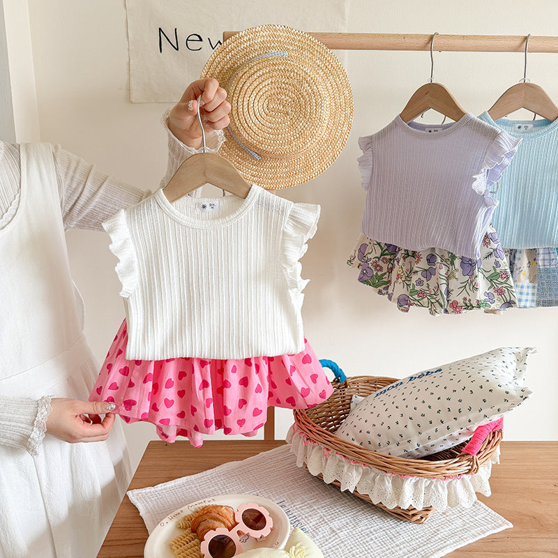 【90-140】ノースリトップス×総柄ショートパンツセット