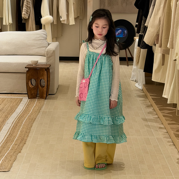 【100-150】チェック柄フリルデザインワンピース