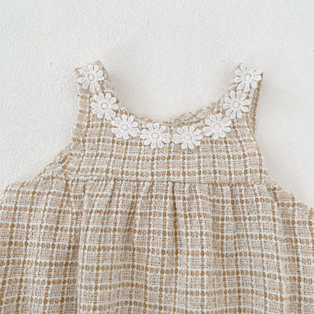 【80-130】フラワーモチーフチェック柄ワンピース