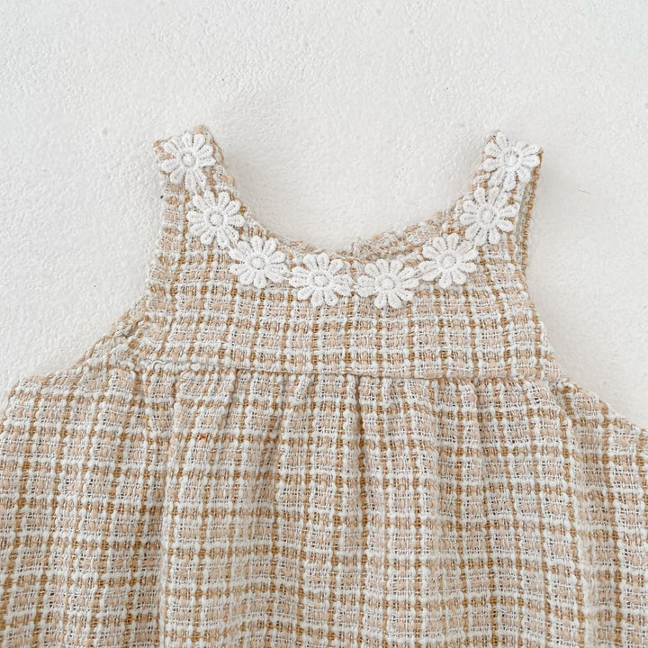 【80-130】フラワーモチーフチェック柄ワンピース