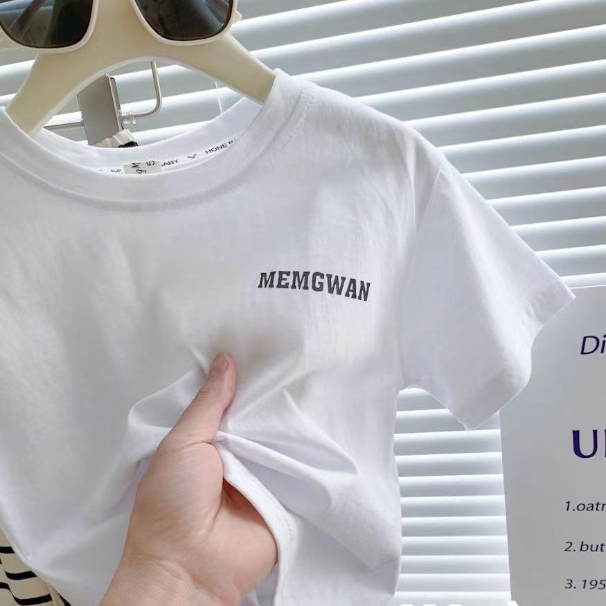 【90-140】シンプルTシャツ×ボーダー柄ワイドパンツセット