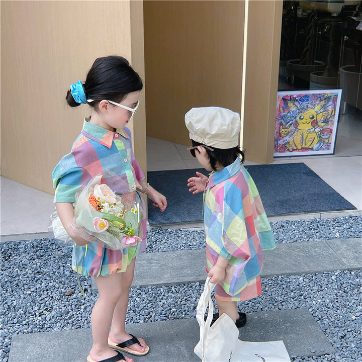 【90-140】カラフルチェックシャツセットアップ