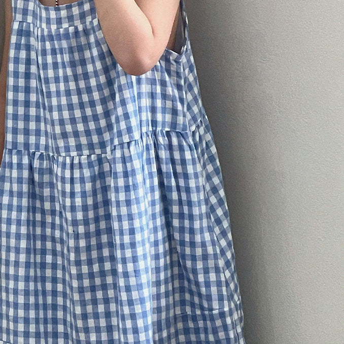 【90-150】ギンガムチェックマキシ丈ワンピース