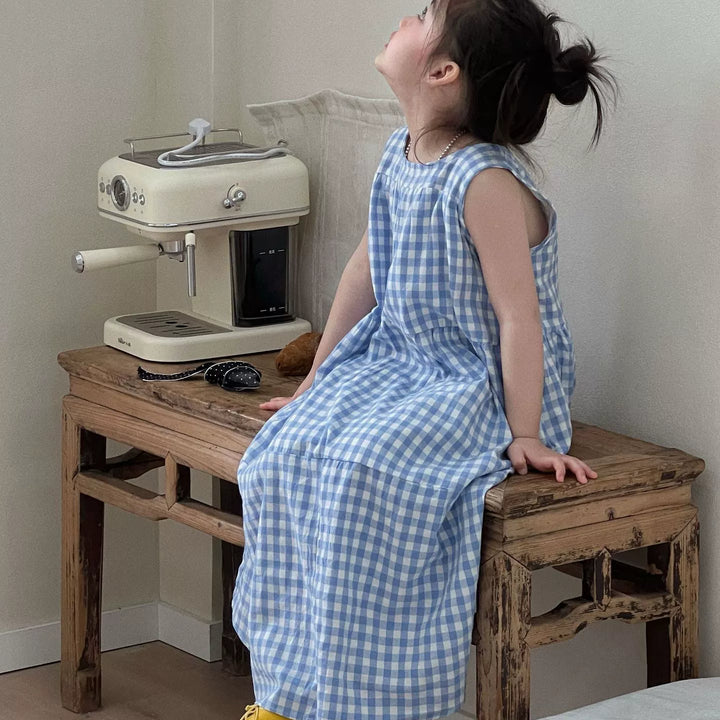 【90-150】ギンガムチェックマキシ丈ワンピース