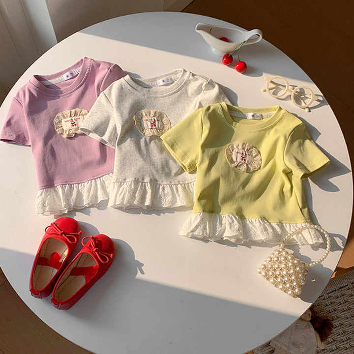 【90-140】ワンポイントワッペンレースヘムTシャツ
