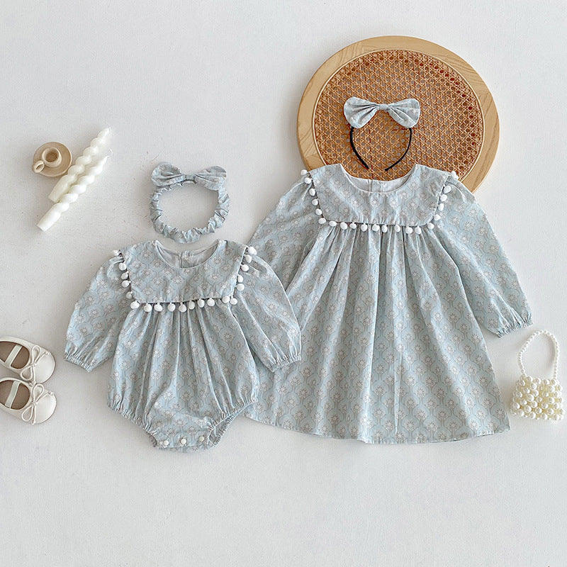 【90-140】ミニポンポンデザイン長袖ワンピース