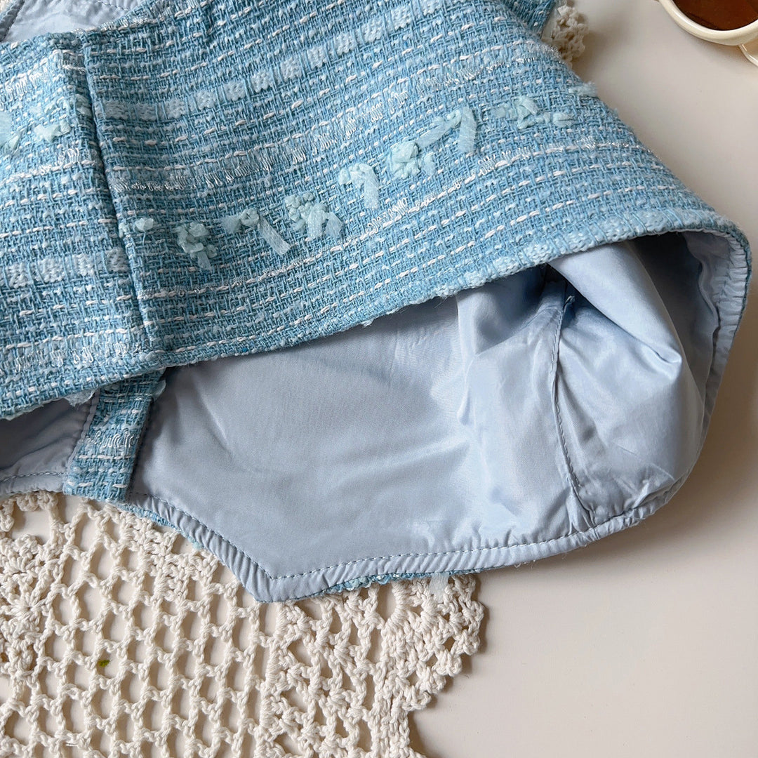 【90-140】肩フリルブラウス×ベスト×プリーツスカートセット