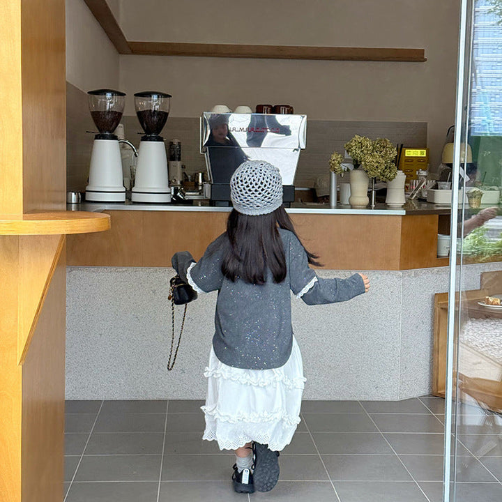 【90-150】レース＆ラメデザイン長袖トップス
