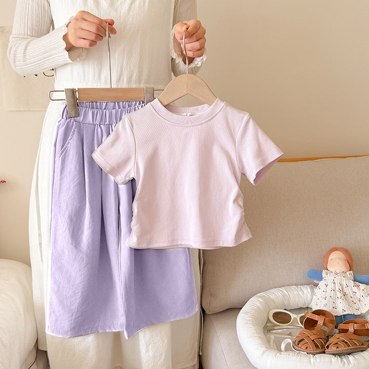 【90-150】ギャザーTシャツ×ロングパンツセット