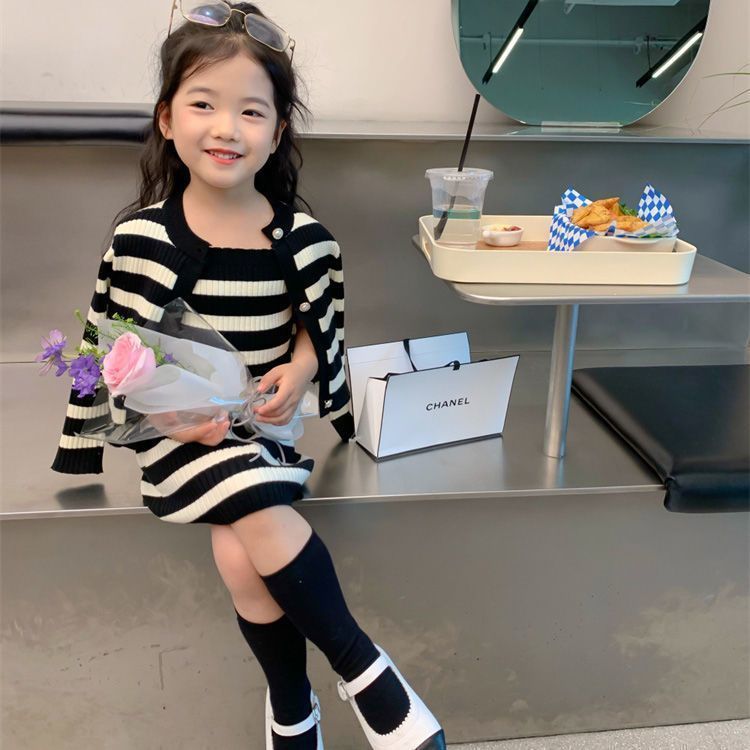 【90-140】ボーダー柄キャミワンピ×カーディガンセット