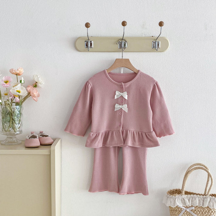 【80-130】フリルヘムカーデ×ロングパンツセット