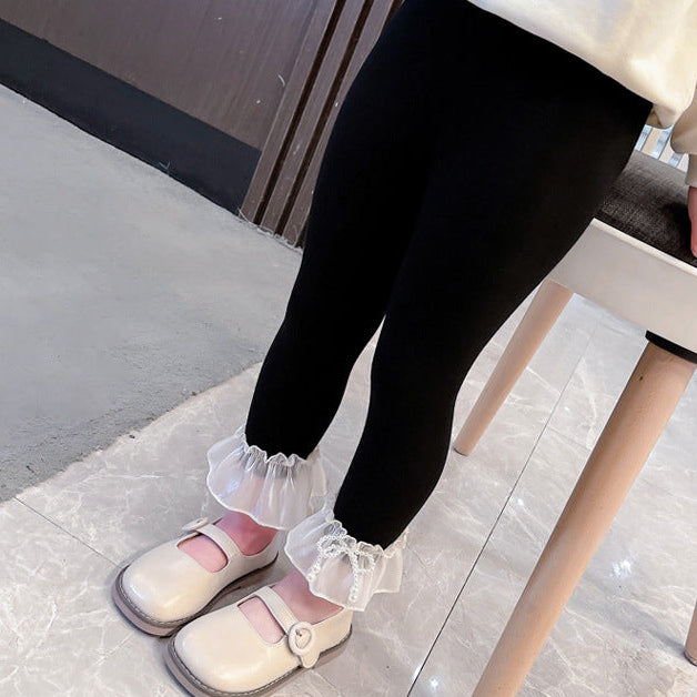 【90-140】レース＆リボンヘムレギンスパンツ