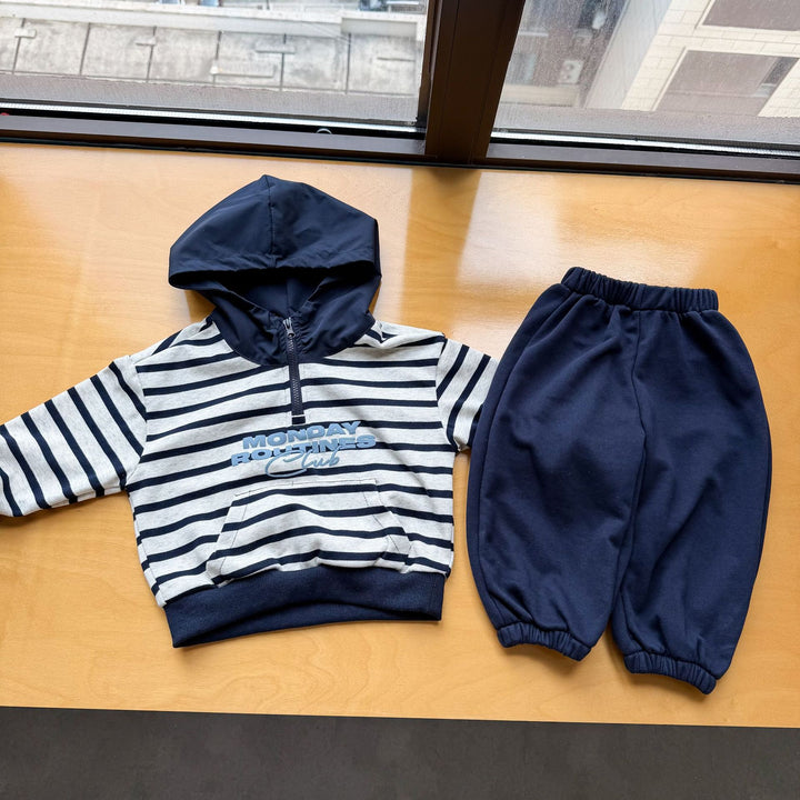 【80-150】ボーダー柄フーディートップス×ロングパンツセット