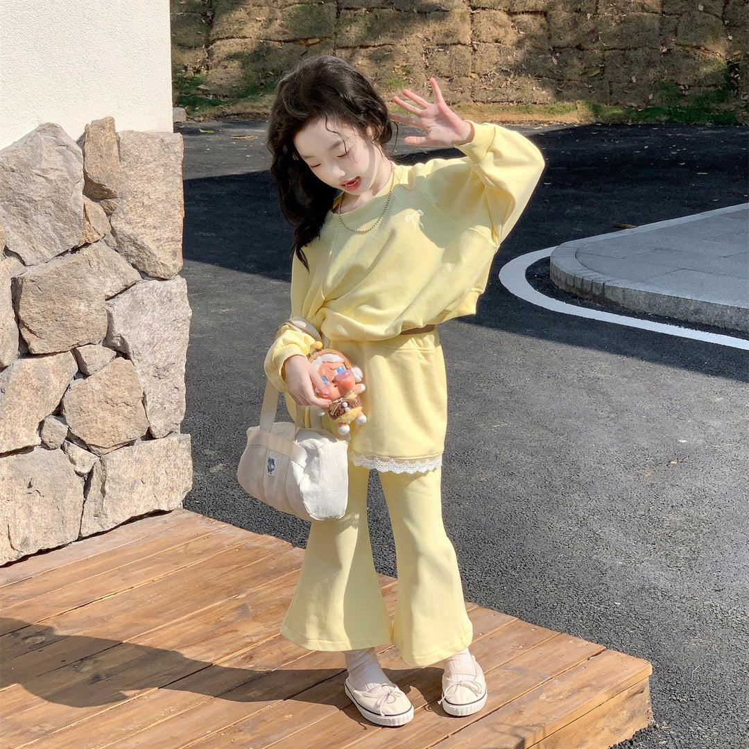 【90-140】トレーナー×レイヤード風フレアパンツセット