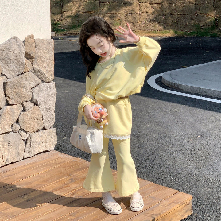 【90-140】トレーナー×レイヤード風フレアパンツセット