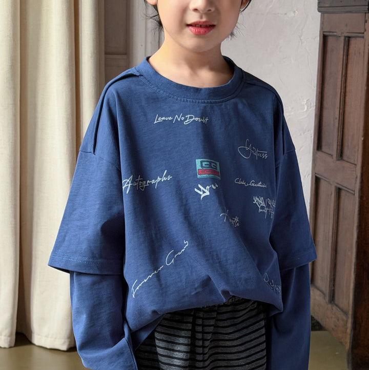 【100-150】レイヤード風ロゴデザイン長袖Tシャツ