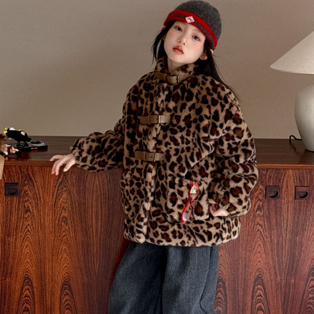 【100-150】レオパード柄スタンドカラーショートコート