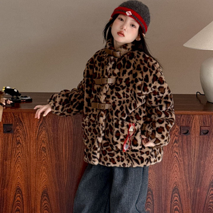 【100-150】レオパード柄スタンドカラーショートコート