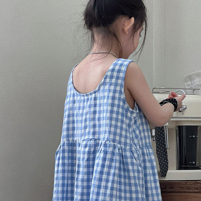 【90-150】ギンガムチェックマキシ丈ワンピース