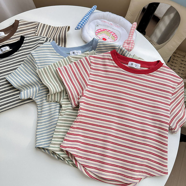 【90-140】マルチカラーシンプルボーダーTシャツ