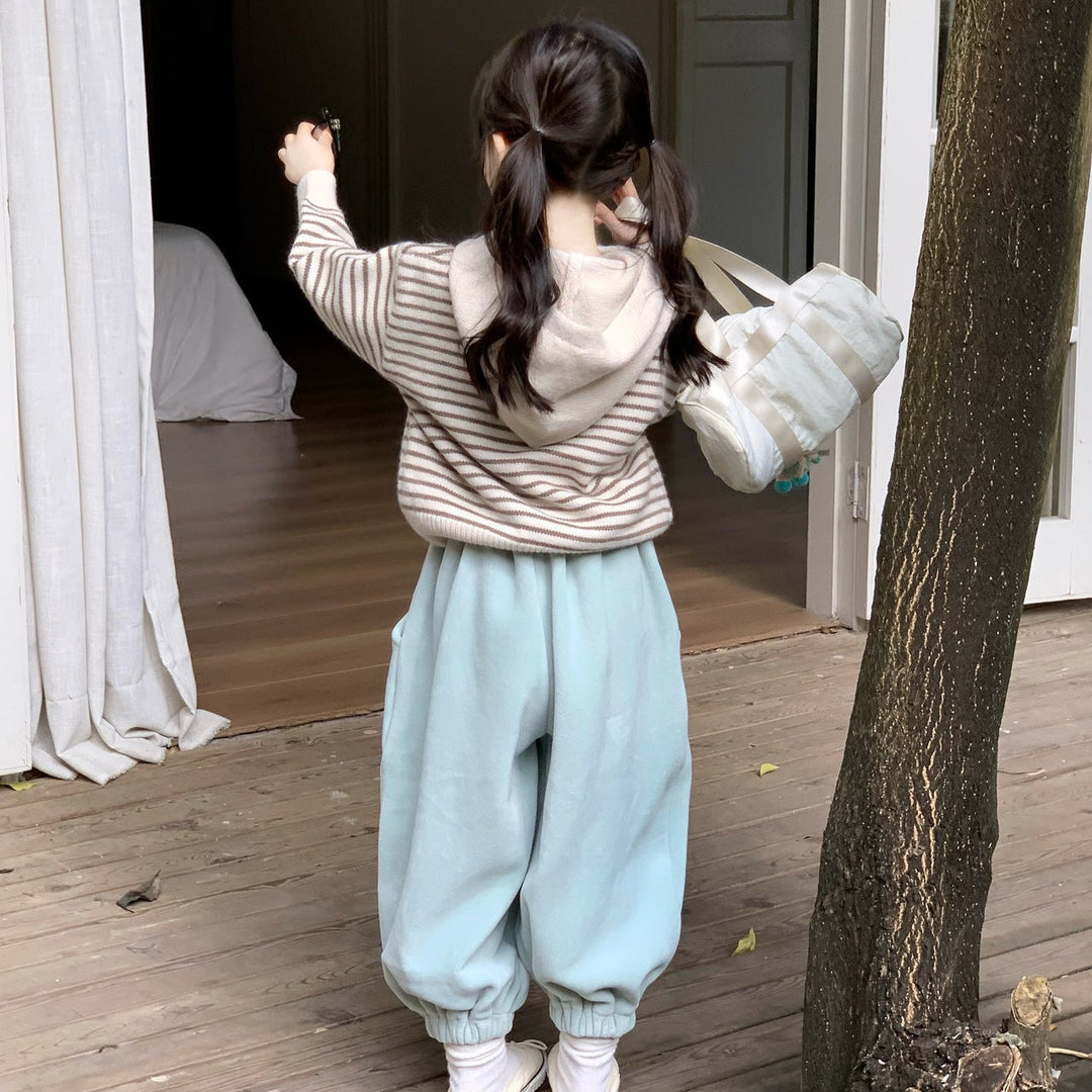 【90-140】ボーダー柄フーディーニット