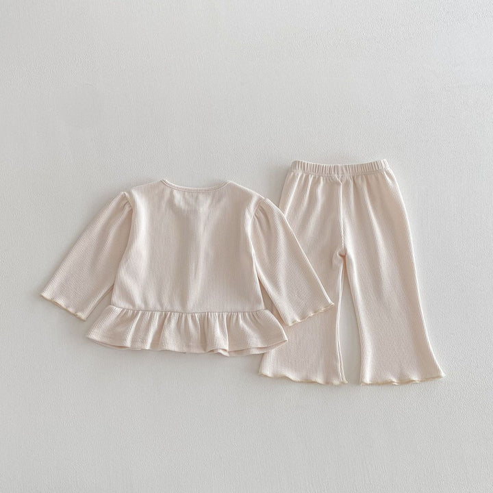 【80-130】フリルヘムカーデ×ロングパンツセット