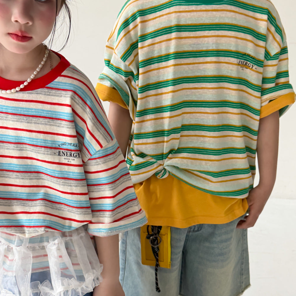 【100-150】ボーダー柄カジュアルTシャツ