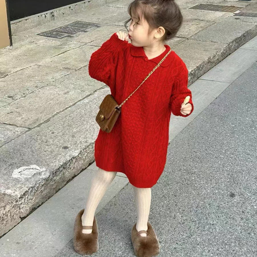 【90-140】襟付きケーブルニットワンピース