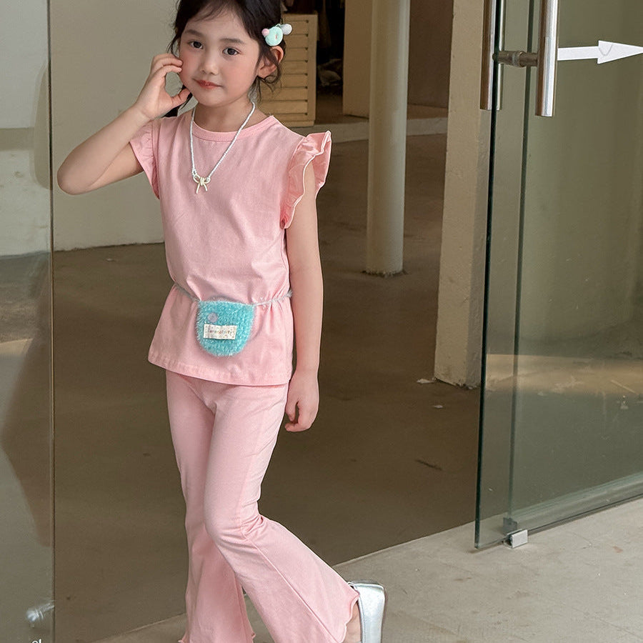 【90-140】ショルダーフリルノースリーブ×フレアパンツセット