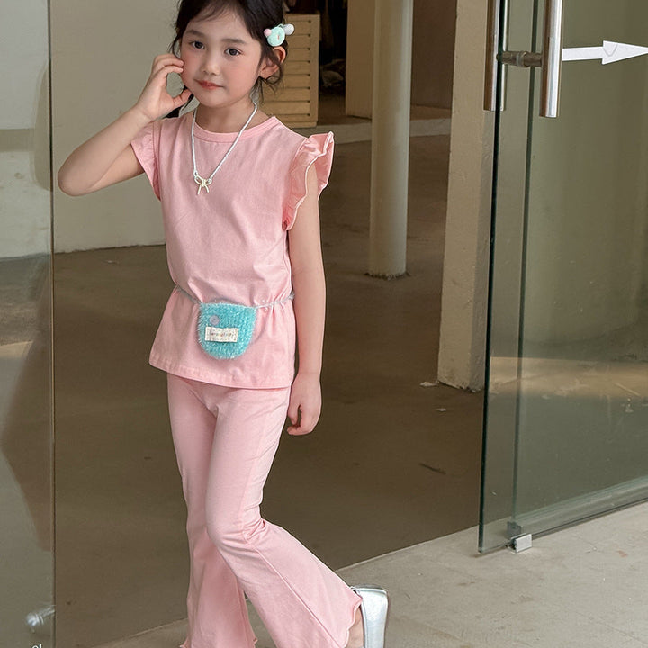 【90-140】ショルダーフリルノースリーブ×フレアパンツセット