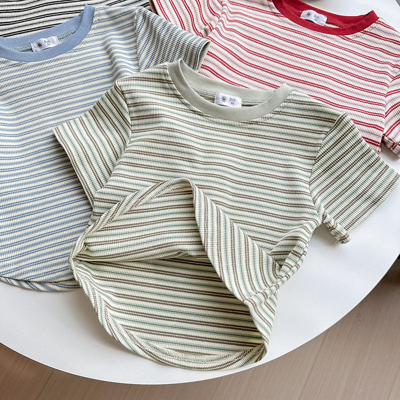 【90-140】マルチカラーシンプルボーダーTシャツ