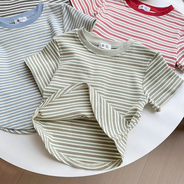 【90-140】マルチカラーシンプルボーダーTシャツ