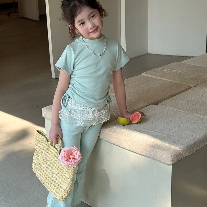 【90-140】ウエストシャーリングTシャツ×フレアパンツセット