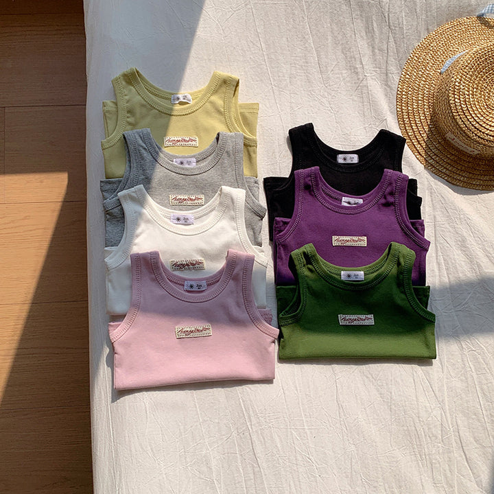 【90-150】ワンポイントワッペンノースリーブトップス