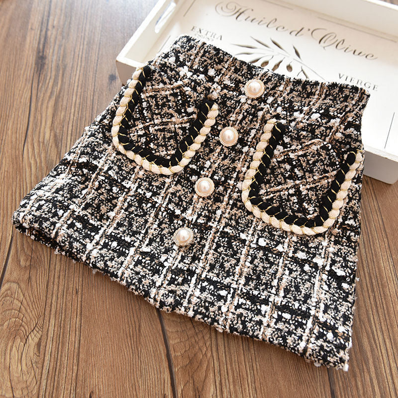 【100-150】ボタンデザインチェック柄ミニスカート