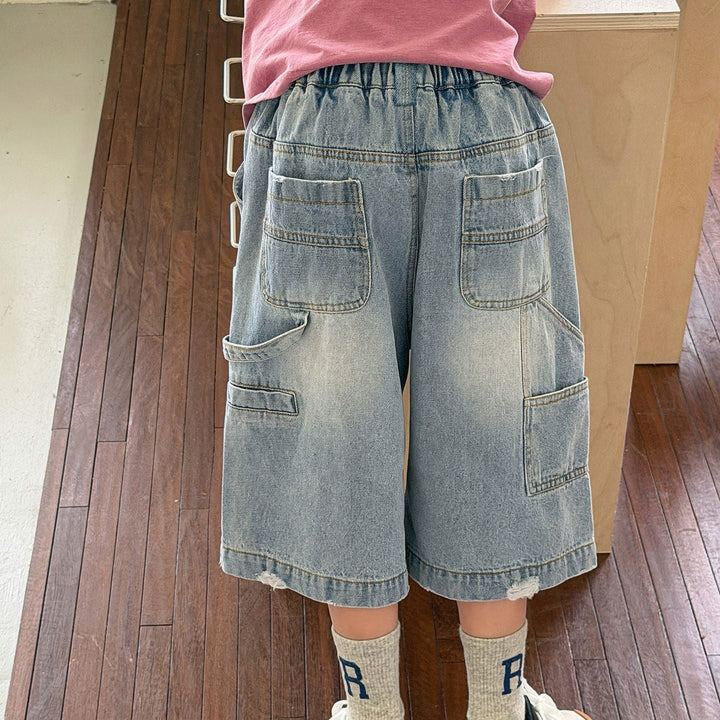 【90-150】ユーズド加工風ミドル丈ワイドデニムパンツ